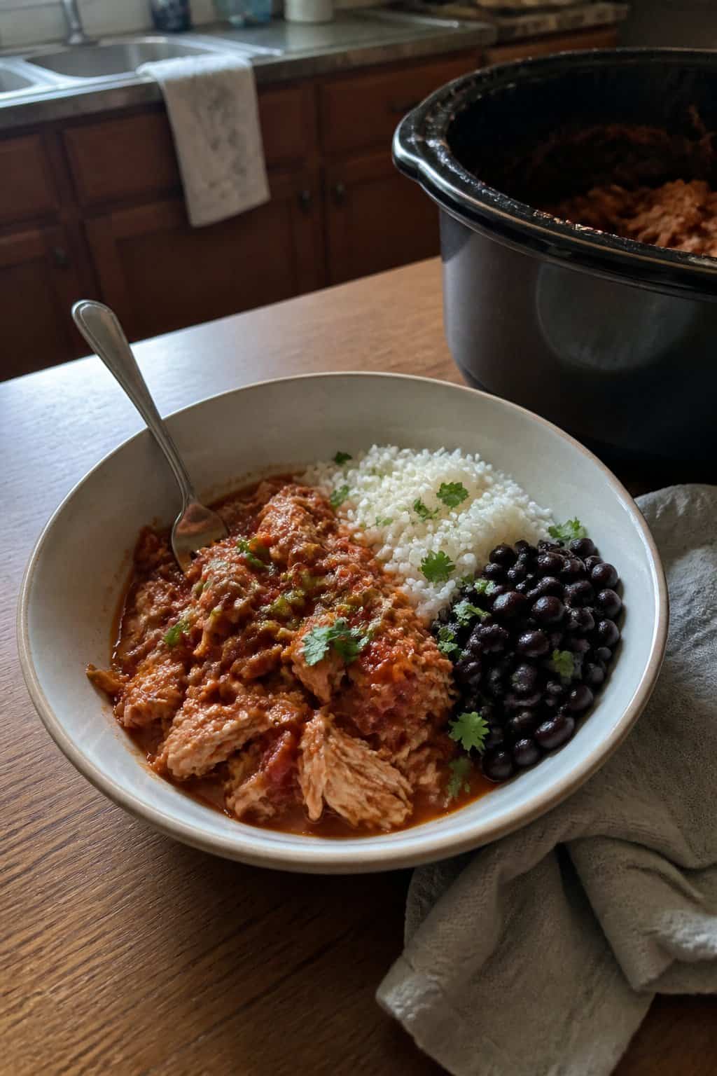 A bowl of shredded salsa chicken with rice and black beans on a kitchen table.