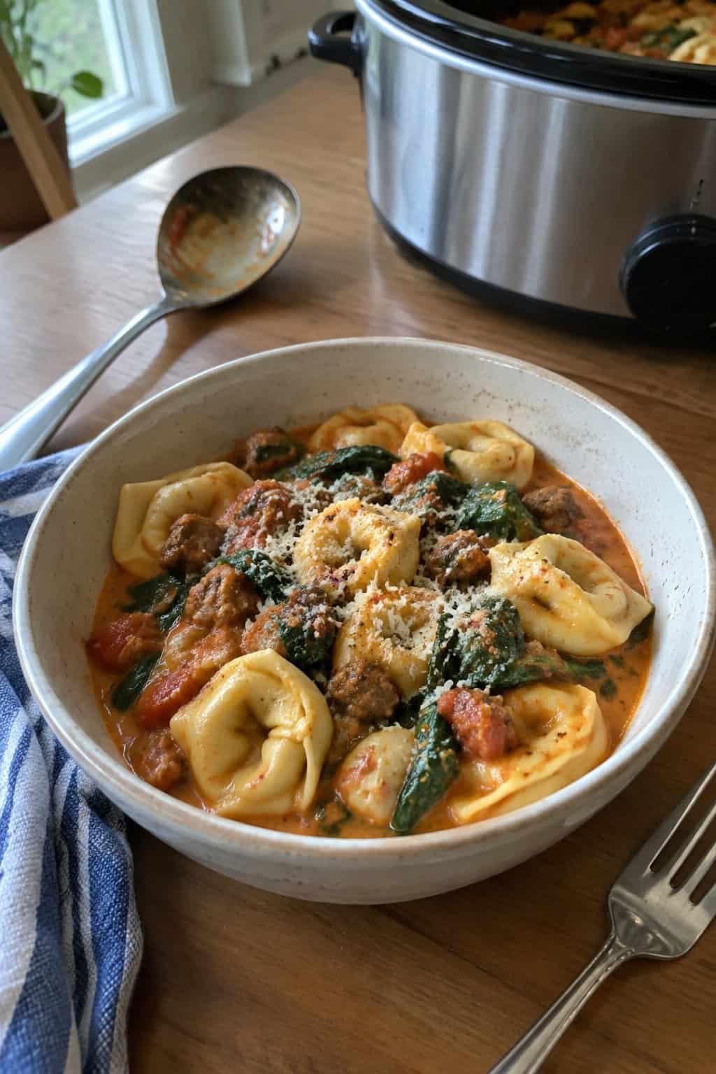 Cheese tortellini with browned sausage and wilted spinach in a light tomato broth.