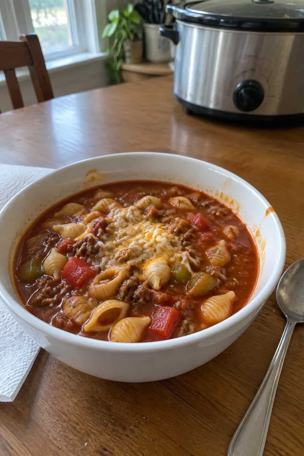A tomato-based soup with small shell pasta, ground beef, and chunks of green and red bell pepper.