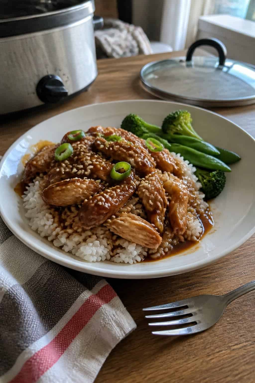 A bowl of teriyaki chicken and rice with broccoli on a kitchen table.