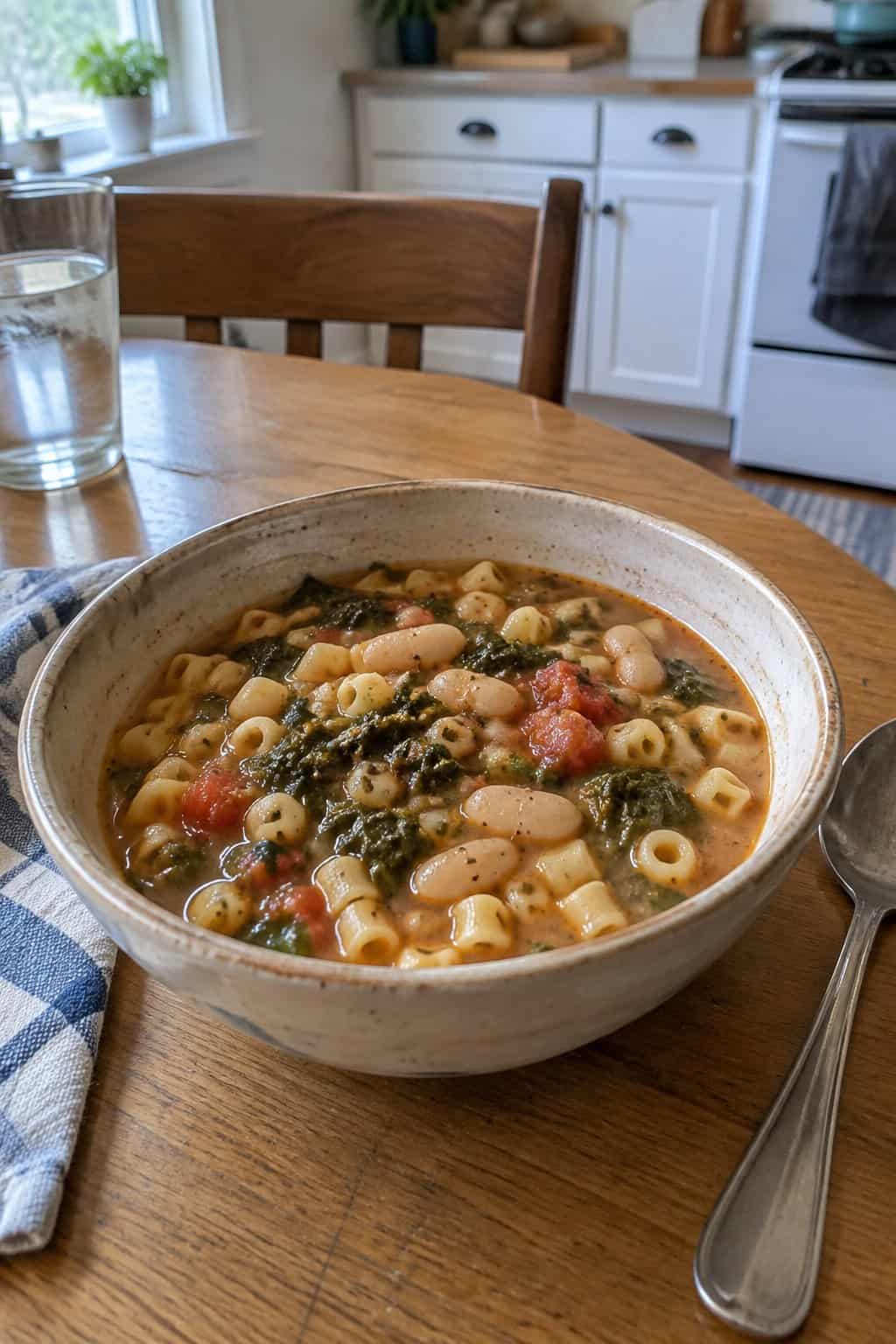 A rustic white bean soup with ditalini pasta, wilted greens, and tomato in a warm broth.