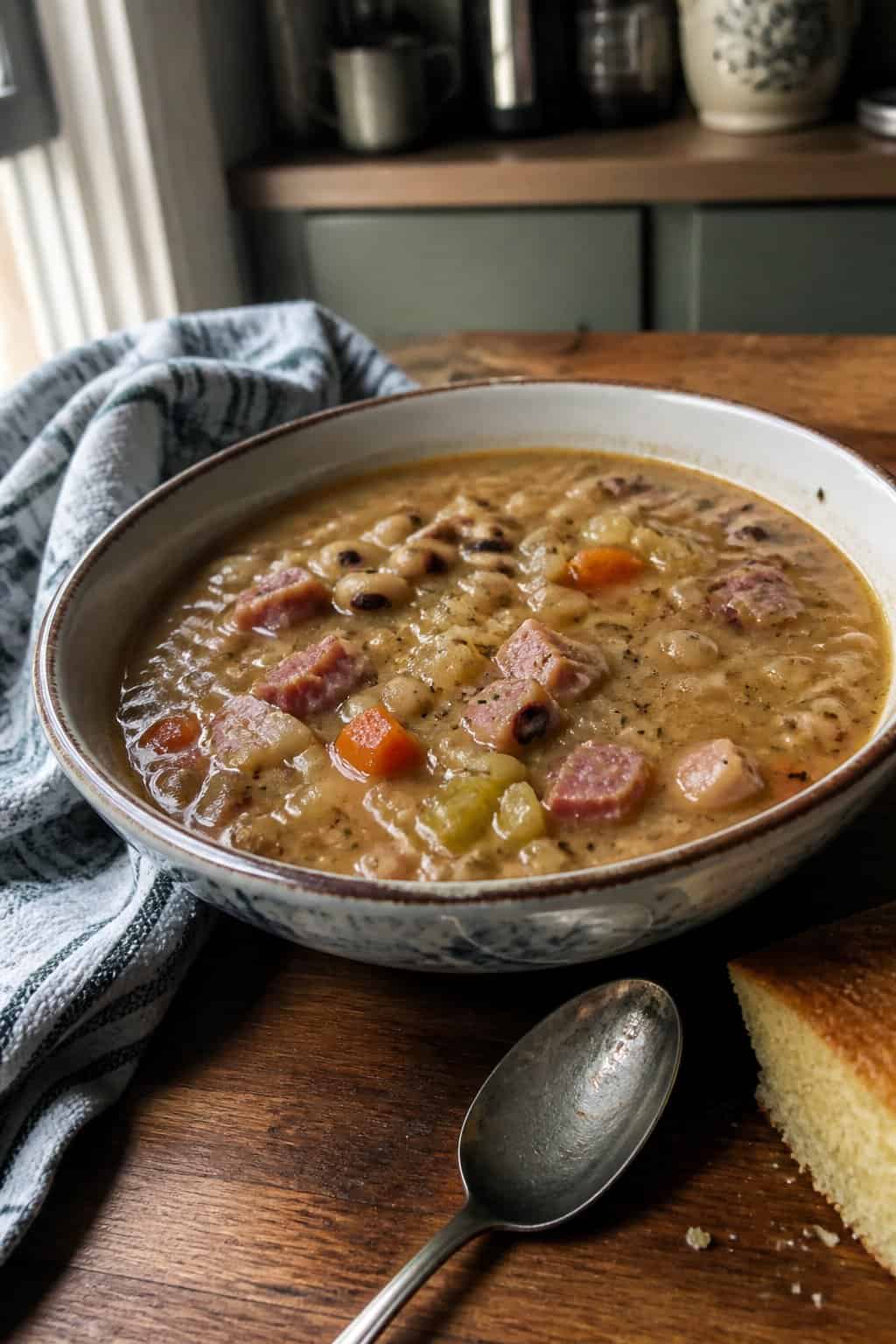 Ham Soup Recipes for Chilly Nights 17 A bowl of smoky ham and black-eyed pea soup with bread on a kitchen table.