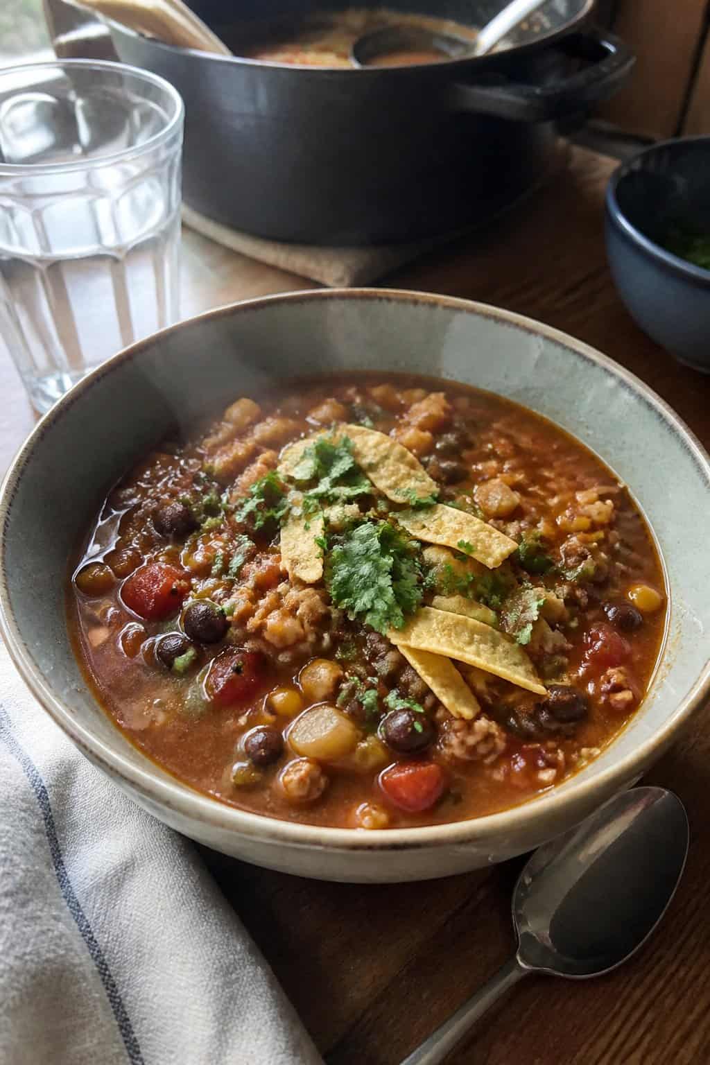 25 Turkey Soup Recipes That Make the Whole House Smell Amazing 12 A bowl of smoky turkey and black bean soup sits on a kitchen table with tortilla strips and a spoon nearby.