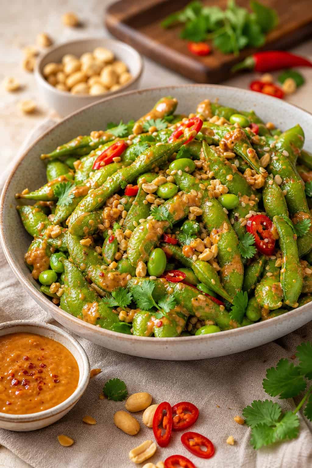 Vegan Appetizers That Disappear Fast at Parties 21 A bowl of spicy peanut-coated edamame garnished with peanuts, chili, cilantro, and sesame seeds.