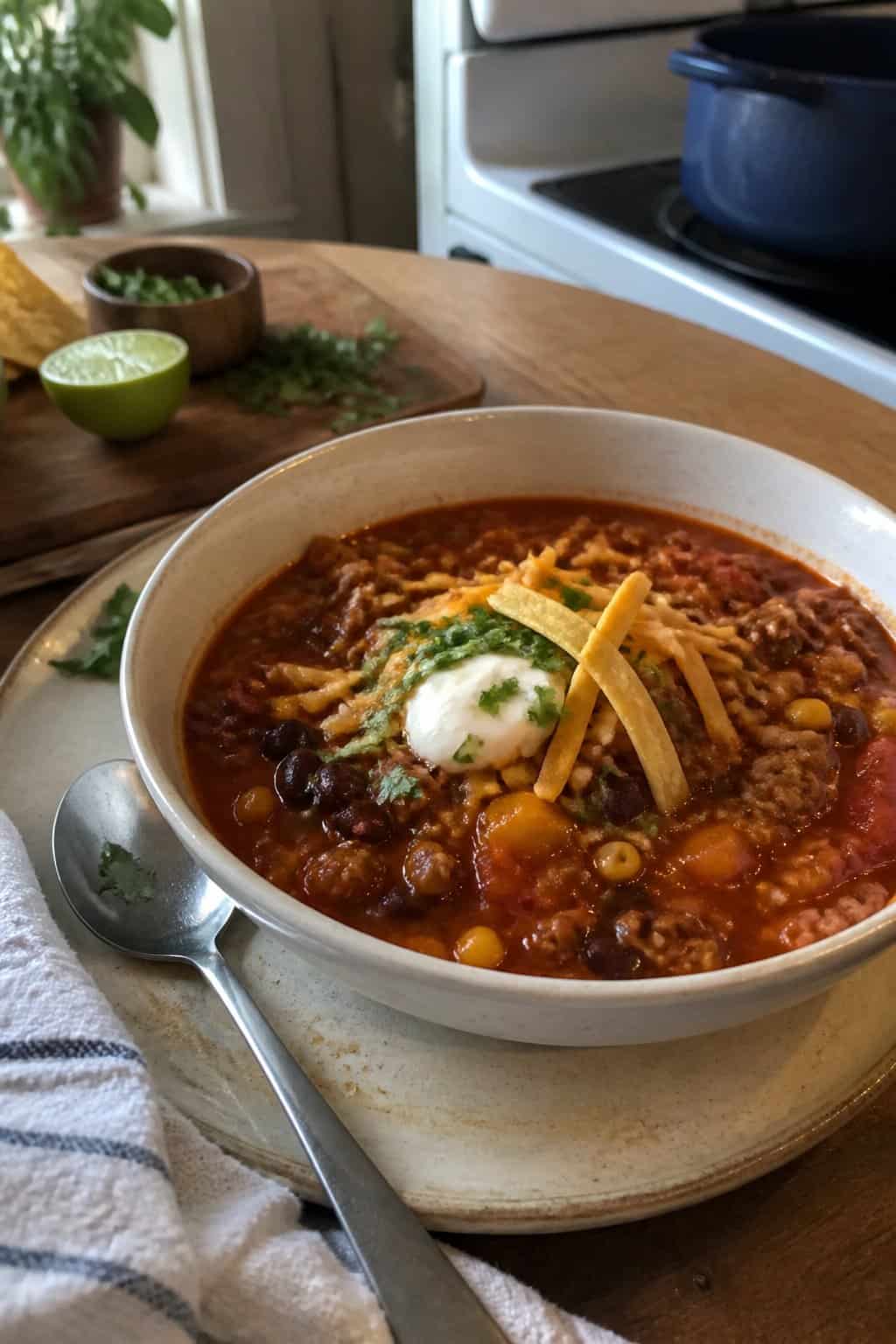 25 Turkey Soup Recipes That Make the Whole House Smell Amazing 26 A bowl of spicy turkey taco soup topped with cheese, sour cream, cilantro, and tortilla strips on a kitchen table.