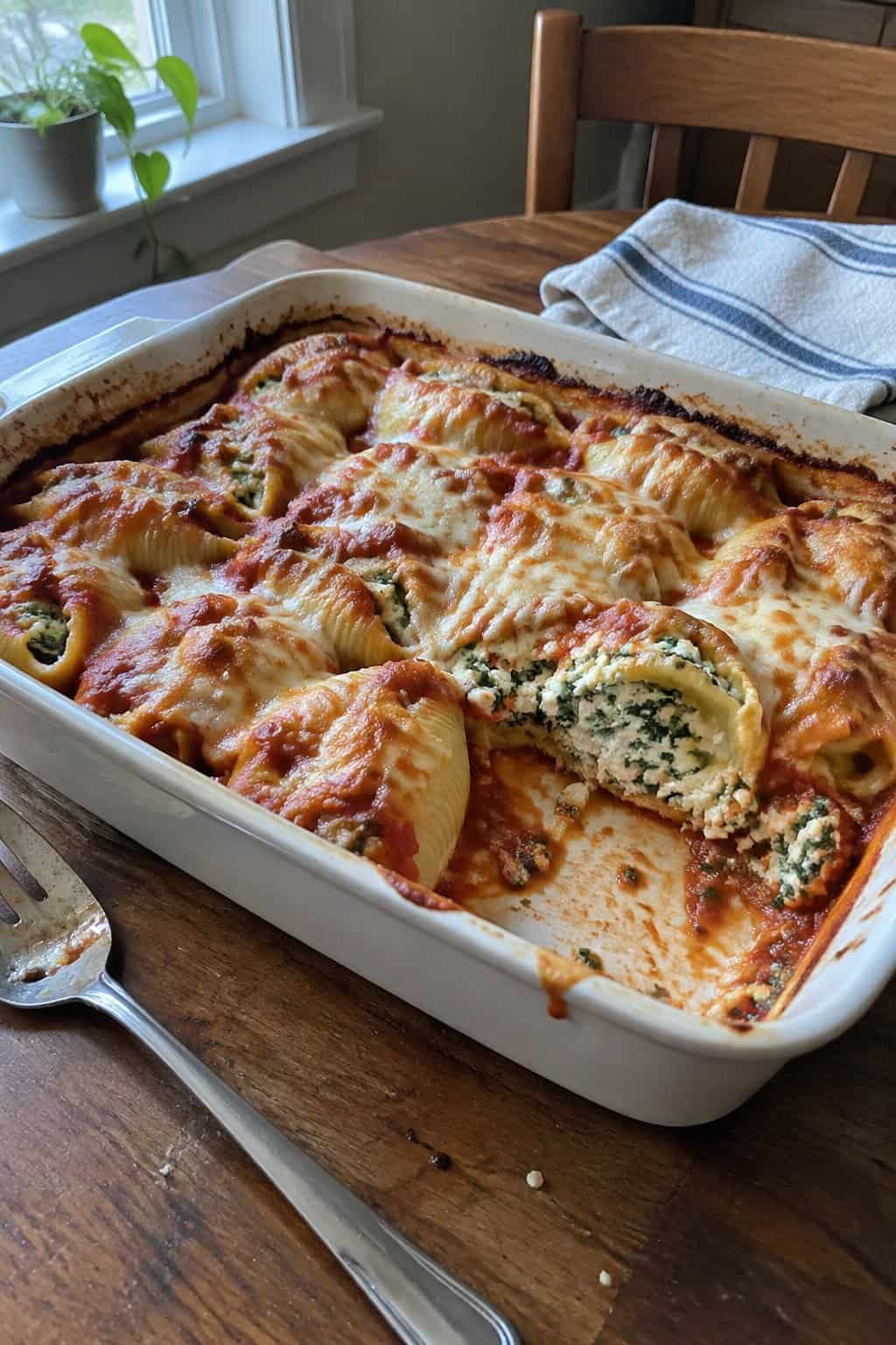 A baked casserole of spinach and ricotta stuffed shells in a ceramic dish on a kitchen table.