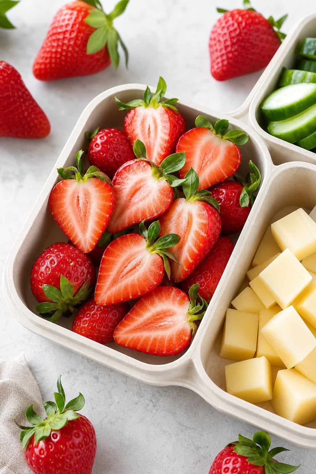16 Easy Lunchbox Sides Kids Will Eat 3 Fresh strawberry halves arranged in a lunchbox compartment with a few whole strawberries.