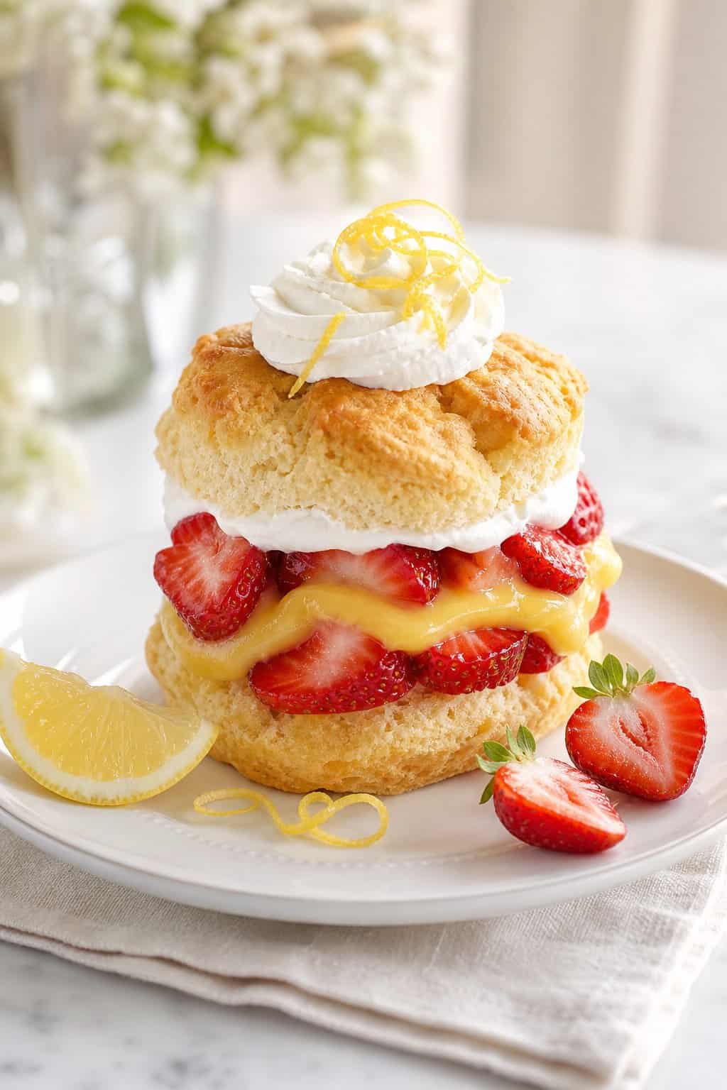 A strawberry lemon shortcake with whipped cream and lemon curd on a white plate, surrounded by fresh strawberries and lemon.