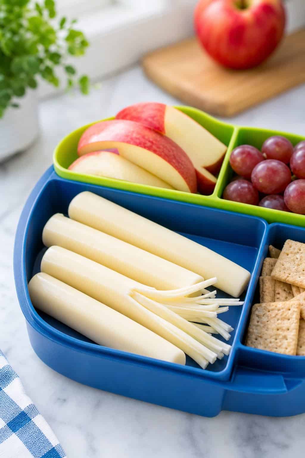 16 Easy Lunchbox Sides Kids Will Eat 11 String cheese sticks arranged in a colorful lunchbox with fruit and crackers.