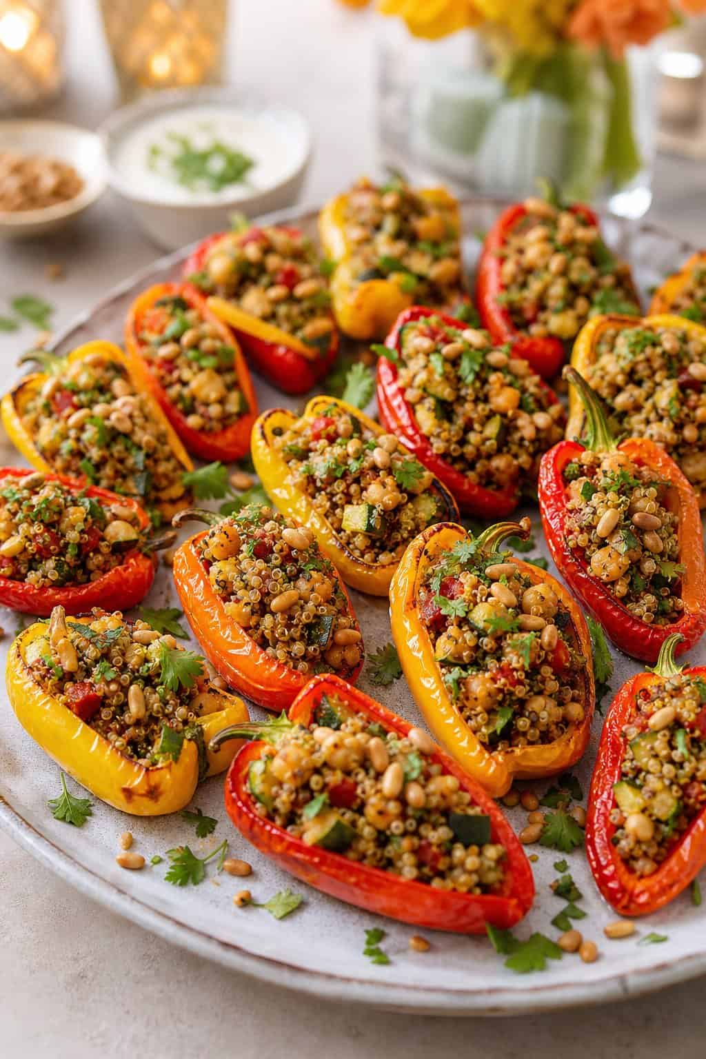 A platter of colorful mini bell peppers filled with a savory vegetable mixture and garnished with fresh herbs.
