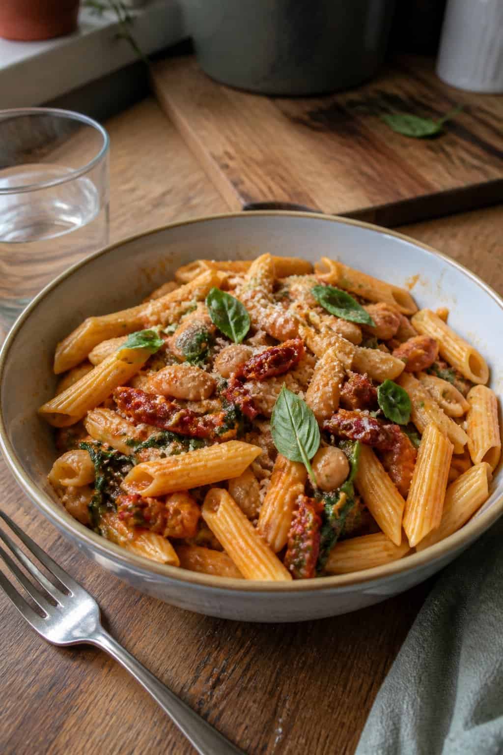 17 Pasta Dinners That Feel Fancy But Use Pantry Staples 4 A bowl of penne pasta with sliced sun-dried tomatoes, white beans, wilted spinach, and grated cheese