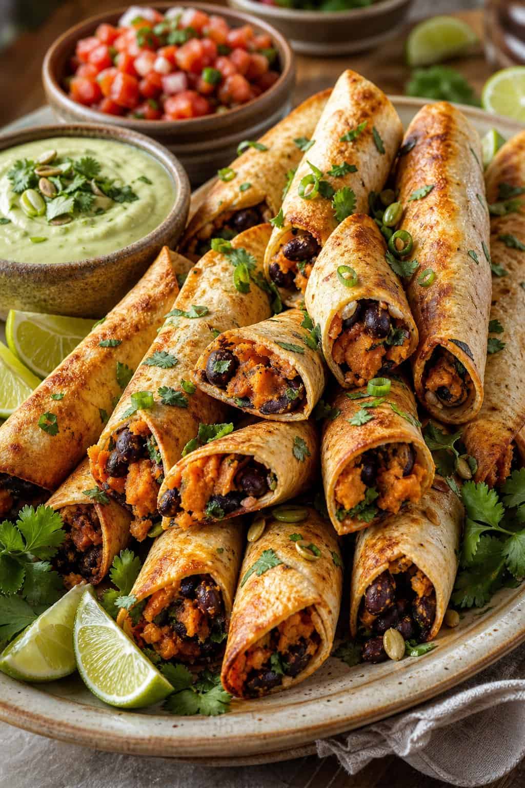 Golden-brown sweet potato and black bean taquitos served with dipping sauces, salsa, herbs, and lime wedges.