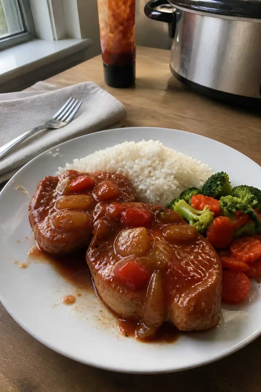 A plate of saucy sweet-and-sour pork chops with rice and vegetables on a kitchen table.