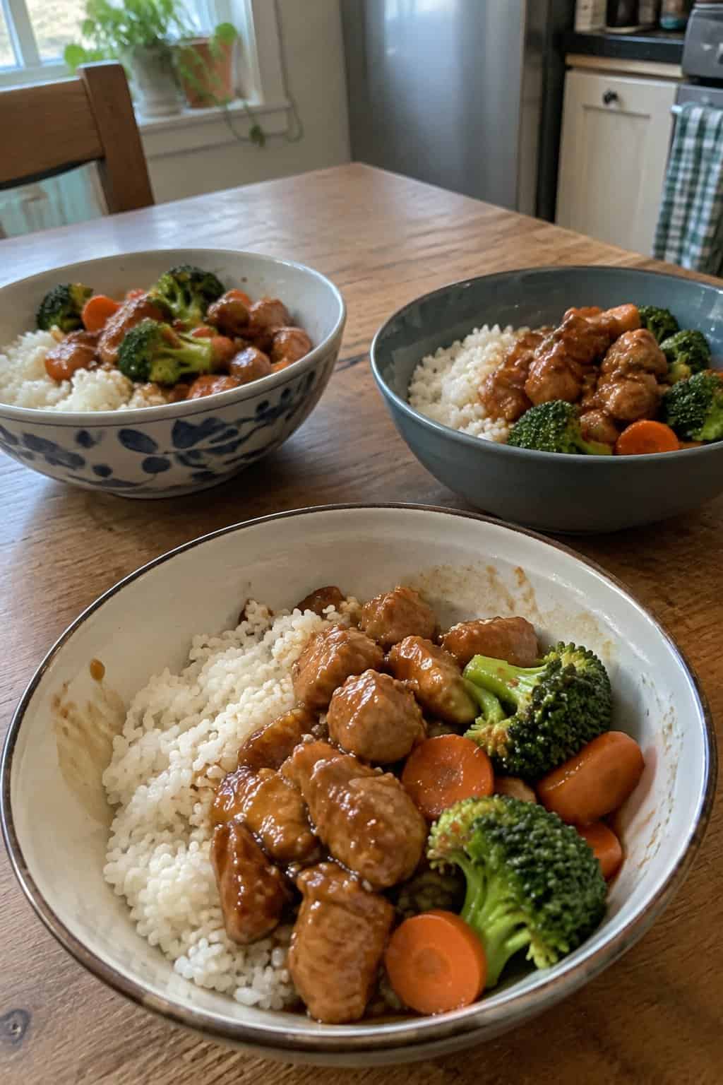 Bowls of teriyaki chicken, steamed rice, broccoli, and carrots on a kitchen table.