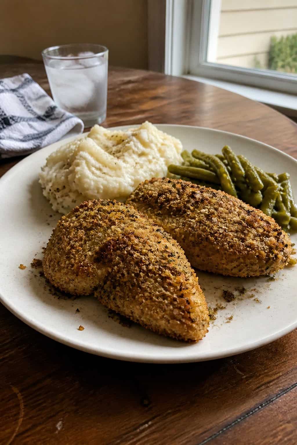 20 Copycat Chicken Recipes for Restaurant Cravings at Home 12 A plate of herb-crusted chicken served with mashed potatoes and green beans on a kitchen table.