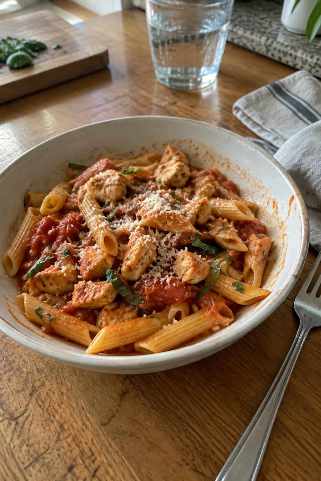 A bowl of tomato basil chicken pasta with diced tomatoes on a kitchen table.