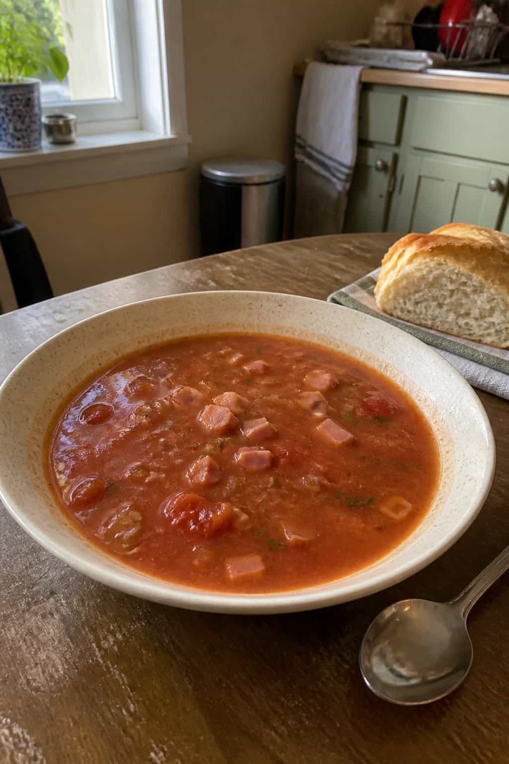 Ham Soup Recipes for Chilly Nights 12 A bowl of tomato ham soup with bread on a kitchen table.