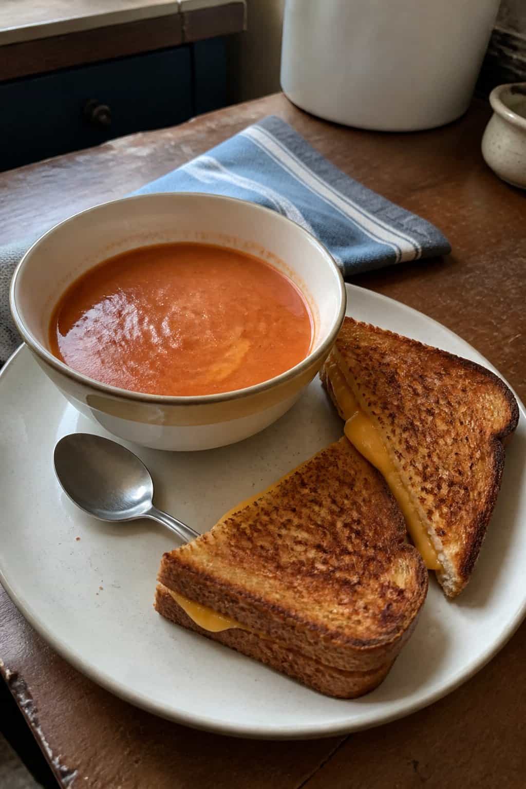 17 Budget Dinners That Use What You Already Bought 15 A bowl of tomato soup beside a diagonally cut grilled cheese sandwich on a kitchen table.