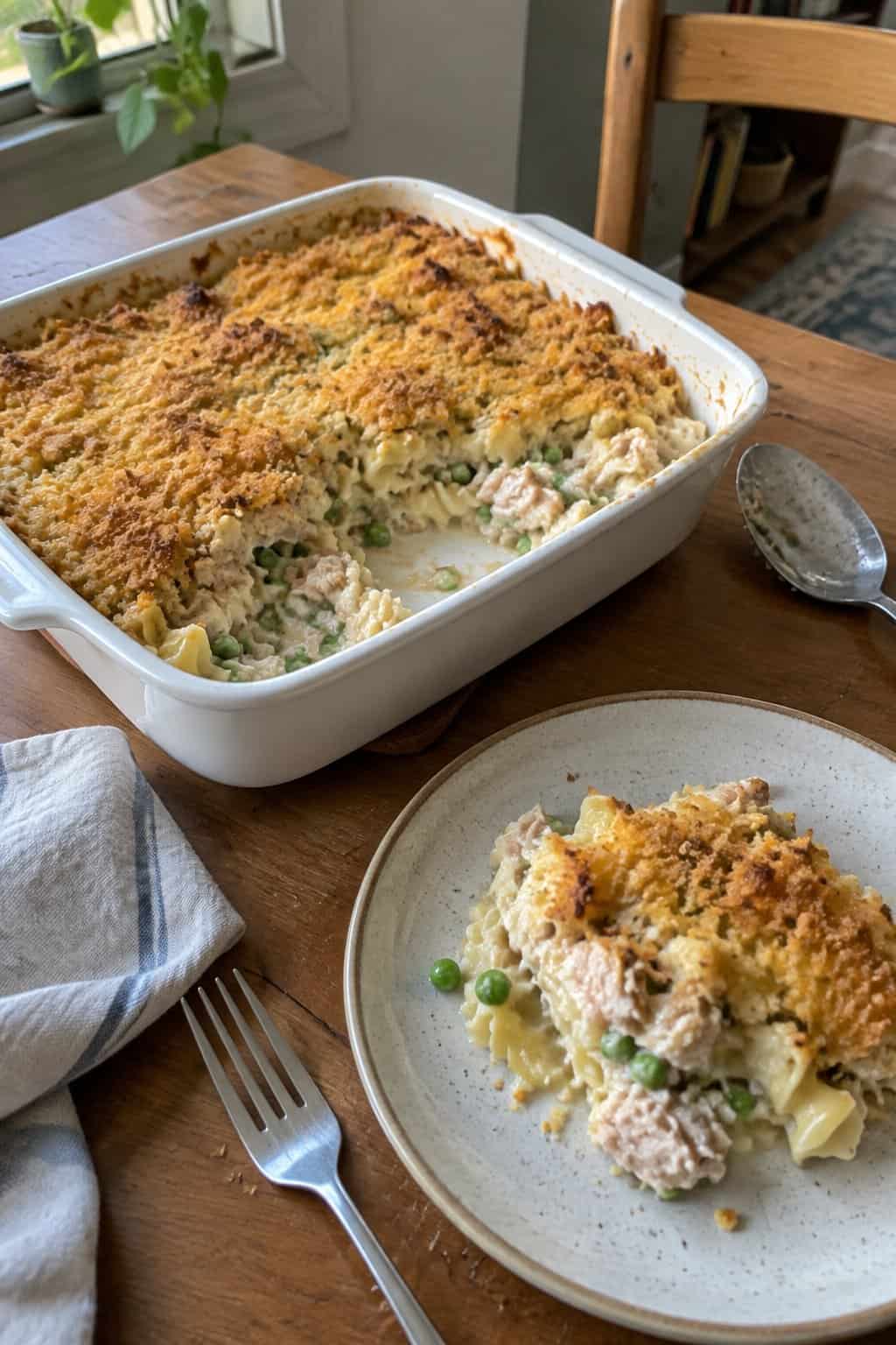 A partially served tuna noodle casserole with peas in a ceramic baking dish beside a plate and fork on a kitchen table.