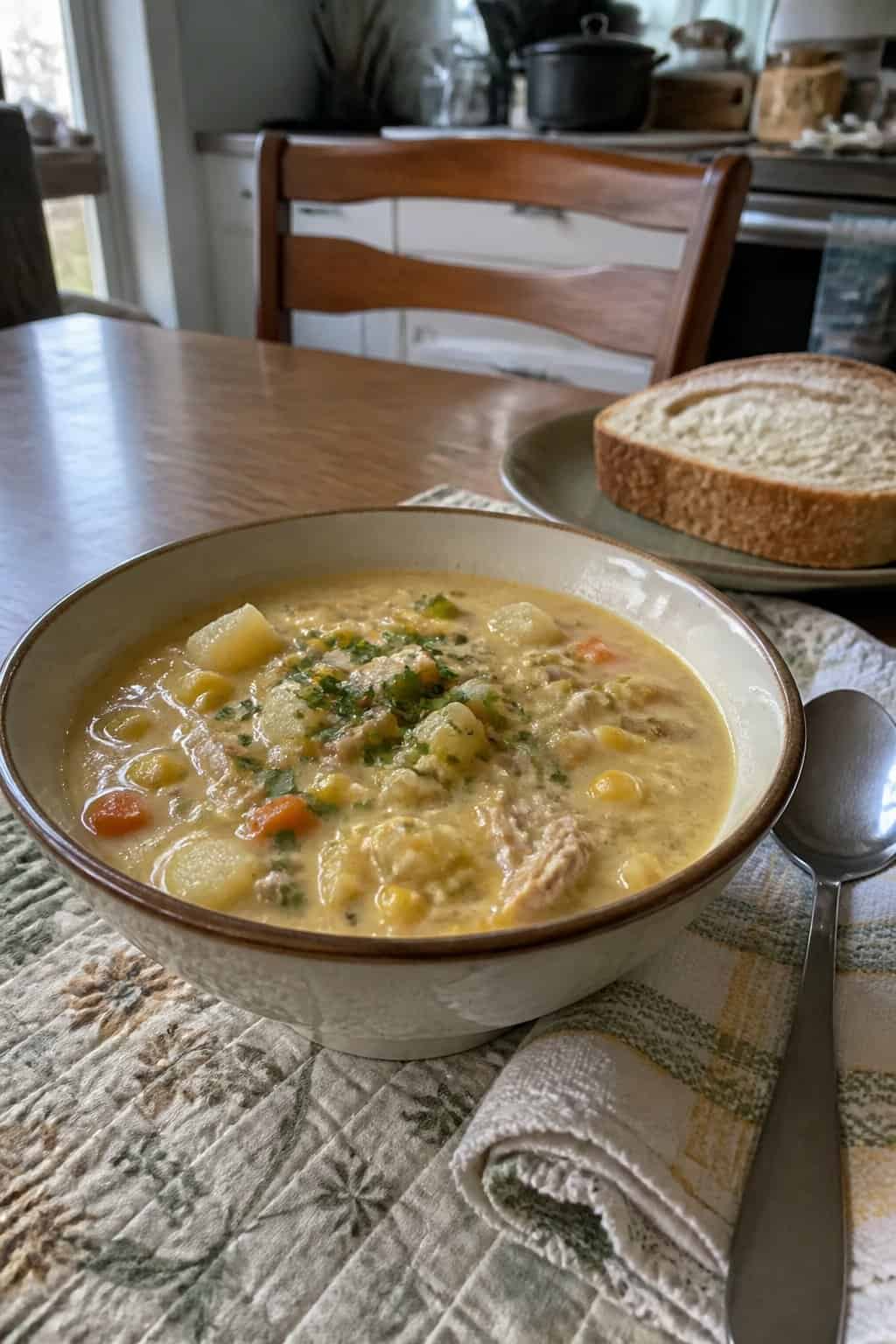 25 Turkey Soup Recipes That Make the Whole House Smell Amazing 15 A bowl of creamy turkey corn chowder with vegetables sits on a kitchen table beside bread and a spoon.