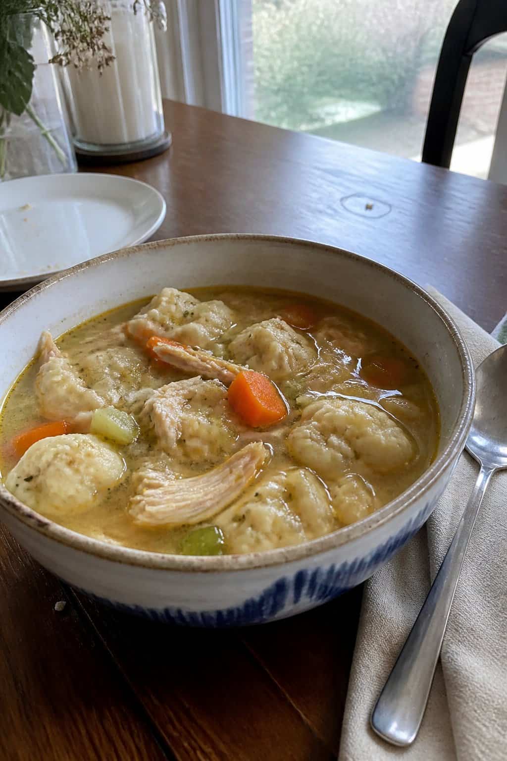 25 Turkey Soup Recipes That Make the Whole House Smell Amazing 7 A bowl of turkey and dumpling soup with vegetables on a kitchen table.