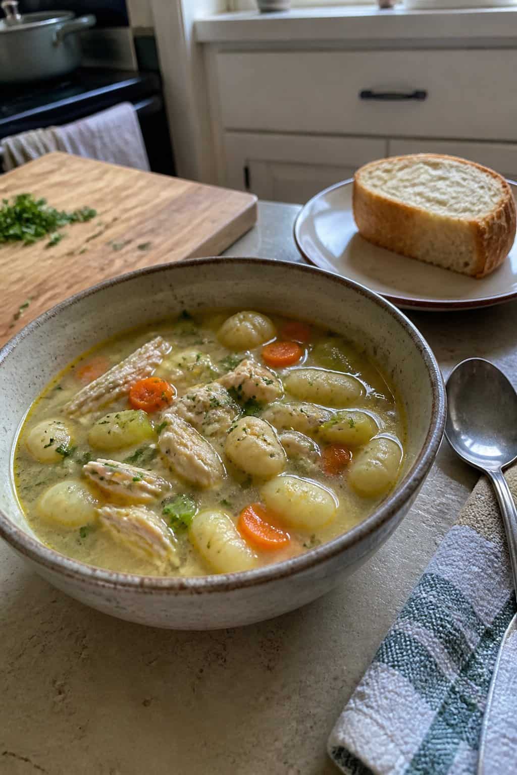 25 Turkey Soup Recipes That Make the Whole House Smell Amazing 25 A bowl of creamy turkey and gnocchi soup with vegetables and herbs on a kitchen table.