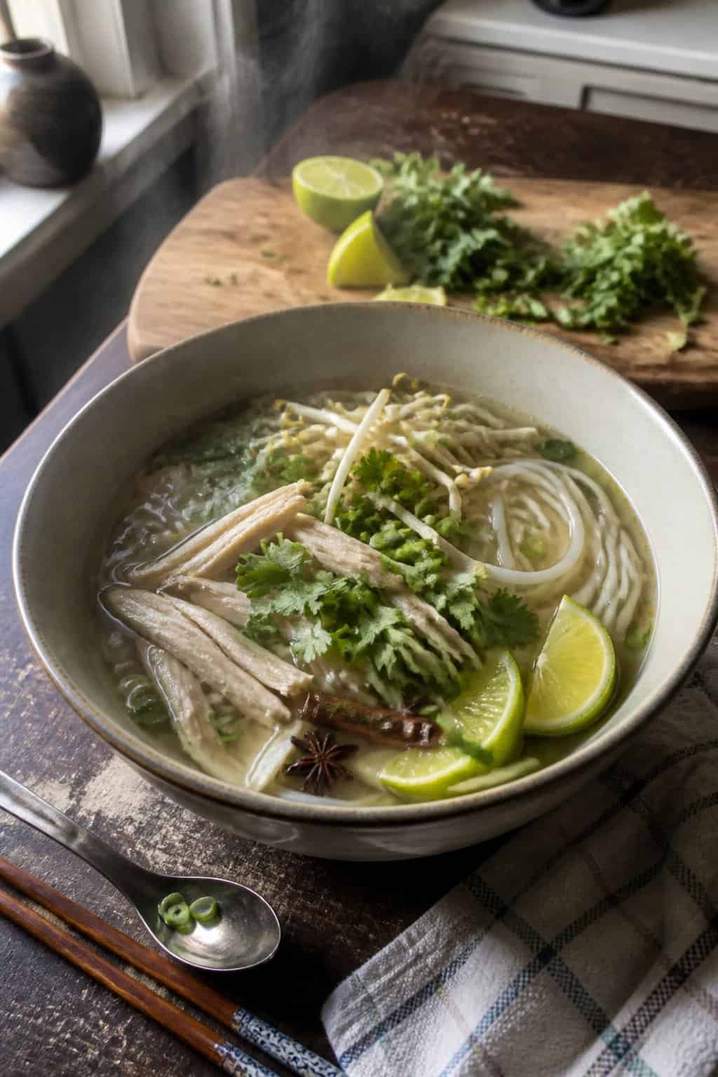 25 Turkey Soup Recipes That Make the Whole House Smell Amazing 21 A bowl of turkey soup with rice noodles, herbs, scallions, and lime on a kitchen table.