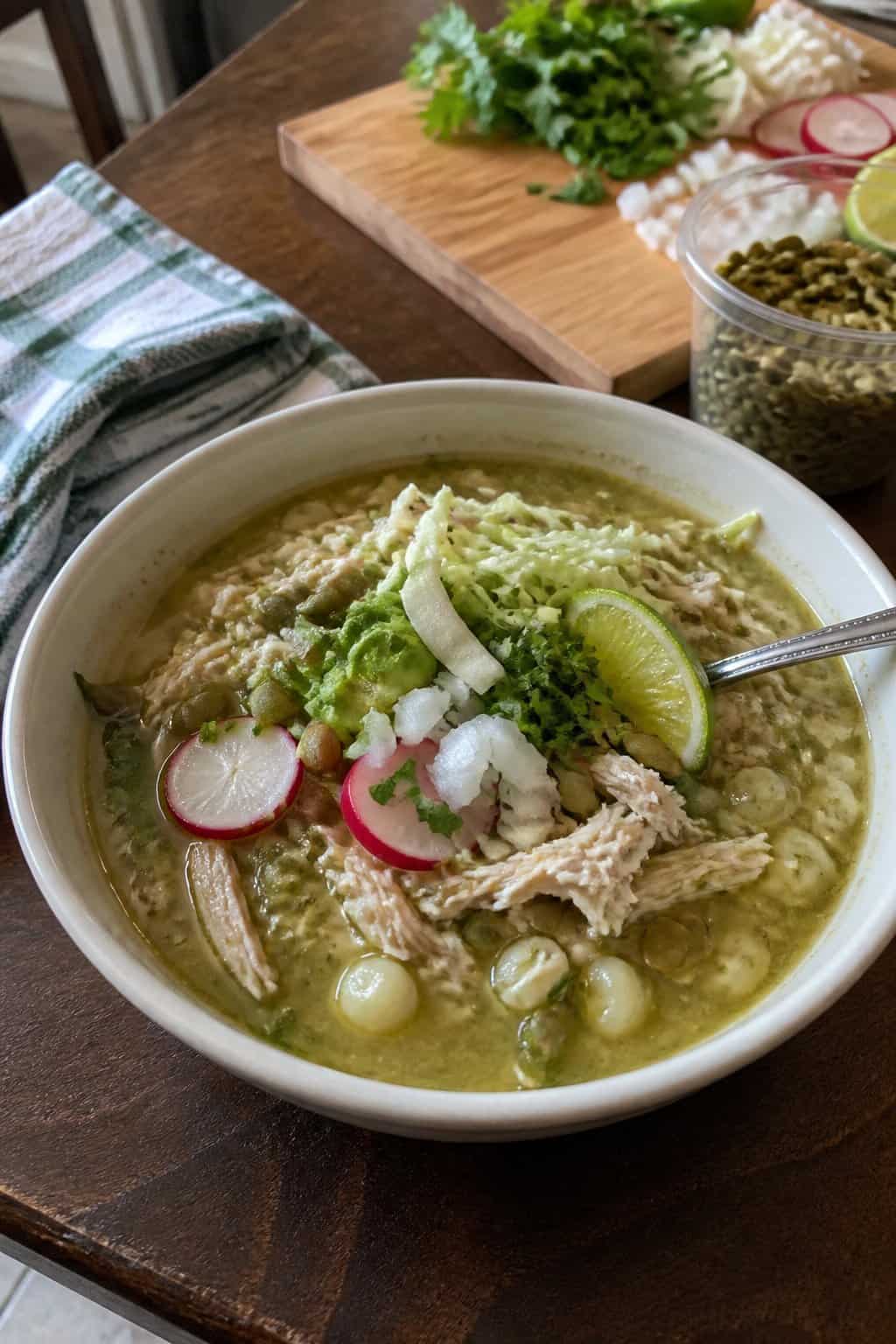 25 Turkey Soup Recipes That Make the Whole House Smell Amazing 28 A bowl of green turkey pozole topped with vegetables, herbs, and lime on a kitchen table.