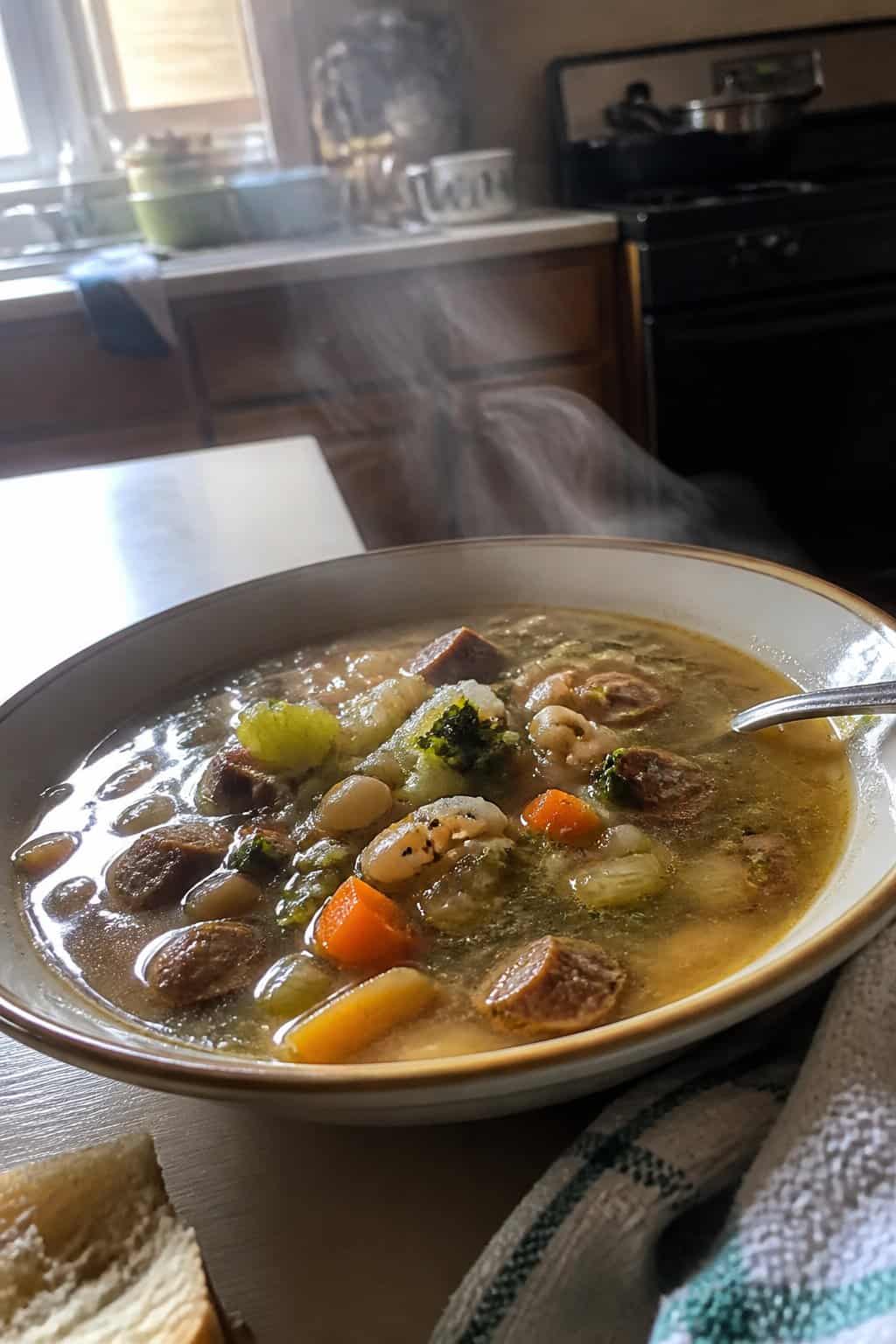 25 Turkey Soup Recipes That Make the Whole House Smell Amazing 20 A bowl of turkey sausage and white bean soup with vegetables and herbs sits on a kitchen table beside bread and a spoon.