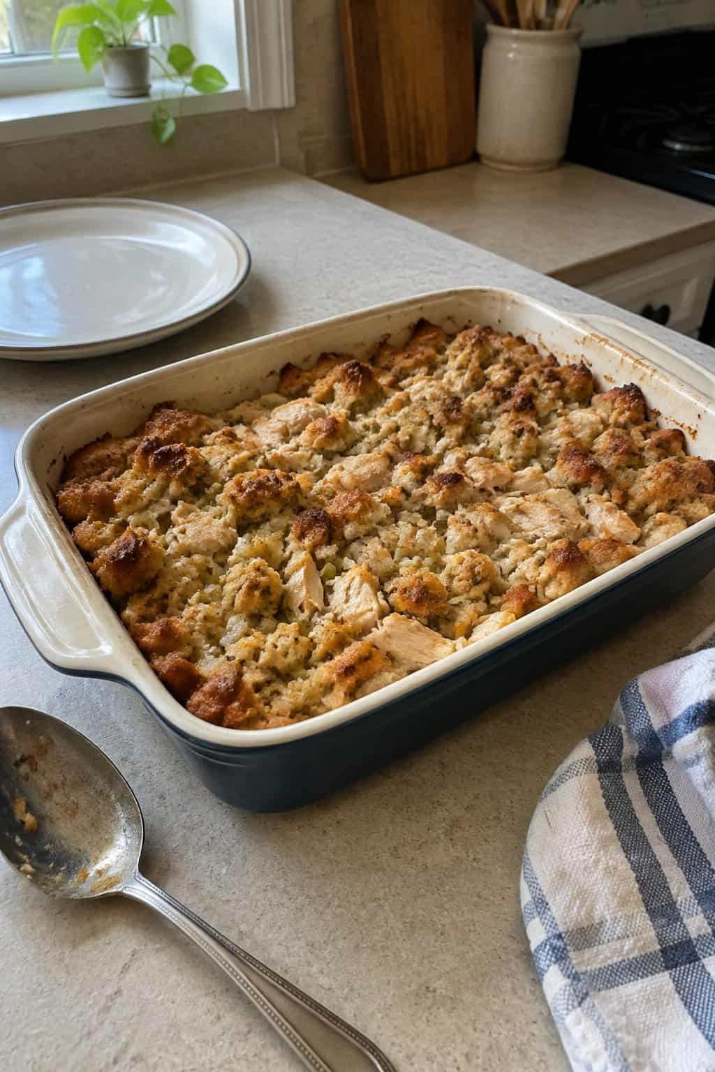 A homemade turkey and stuffing casserole in a baking dish on a kitchen table.
