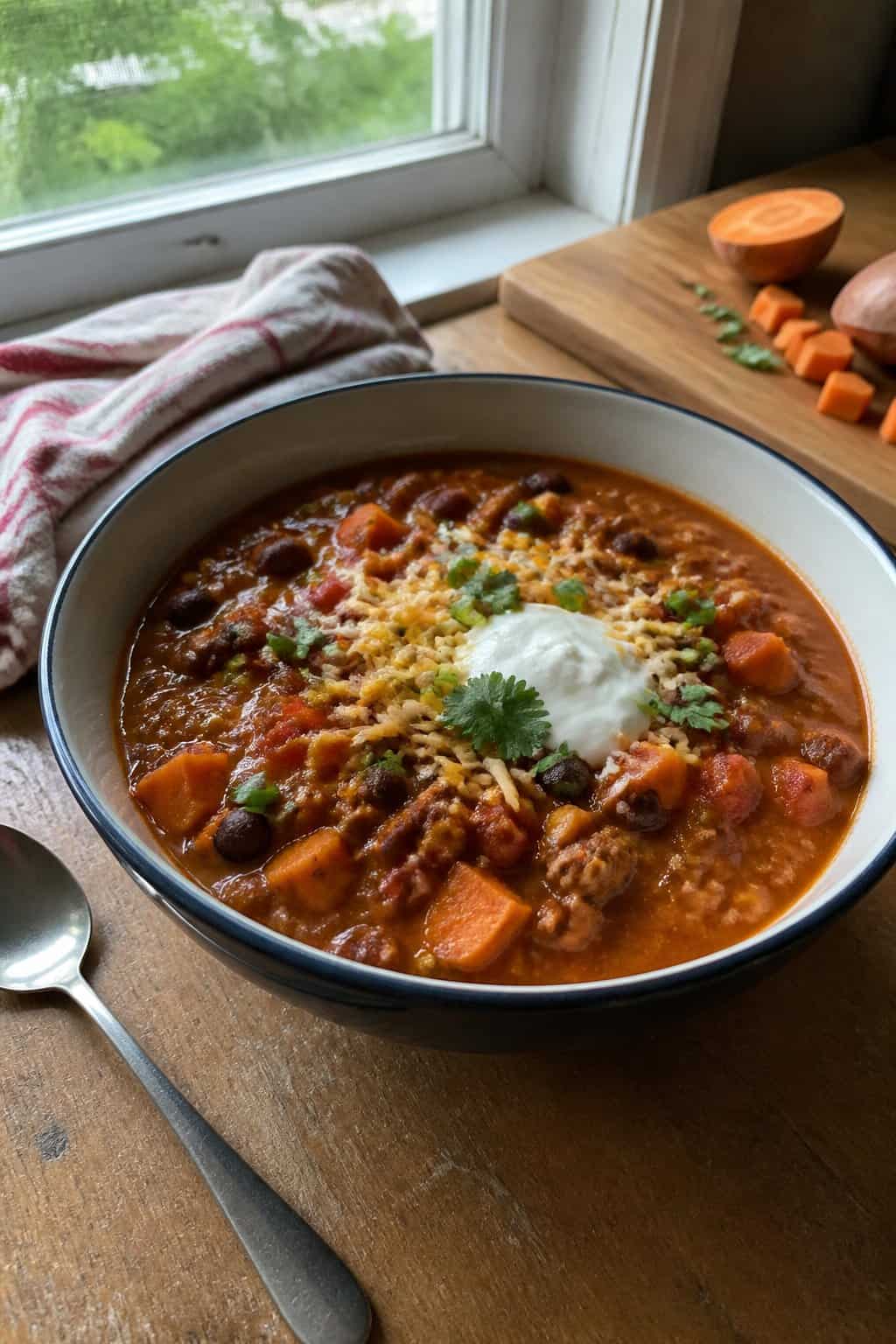 25 Turkey Soup Recipes That Make the Whole House Smell Amazing 22 A bowl of turkey and sweet potato chili soup with beans, vegetables, shredded cheese, and green onions on a kitchen table.