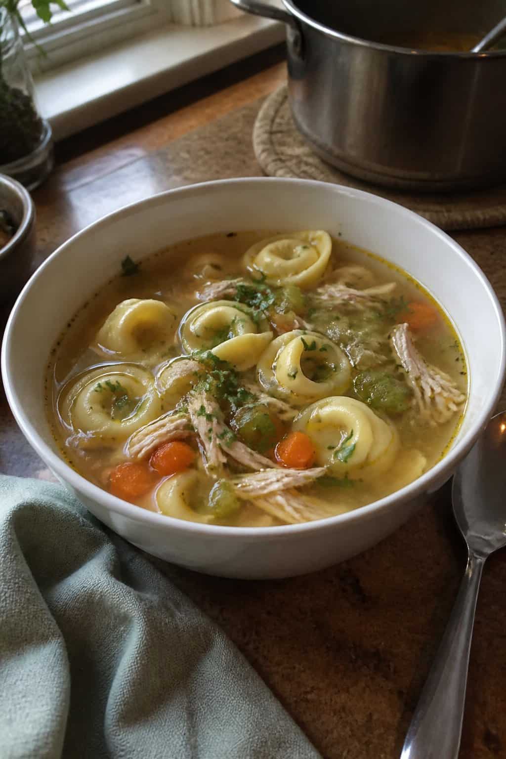 25 Turkey Soup Recipes That Make the Whole House Smell Amazing 10 A bowl of turkey tortellini soup with vegetables and herbs on a kitchen table.