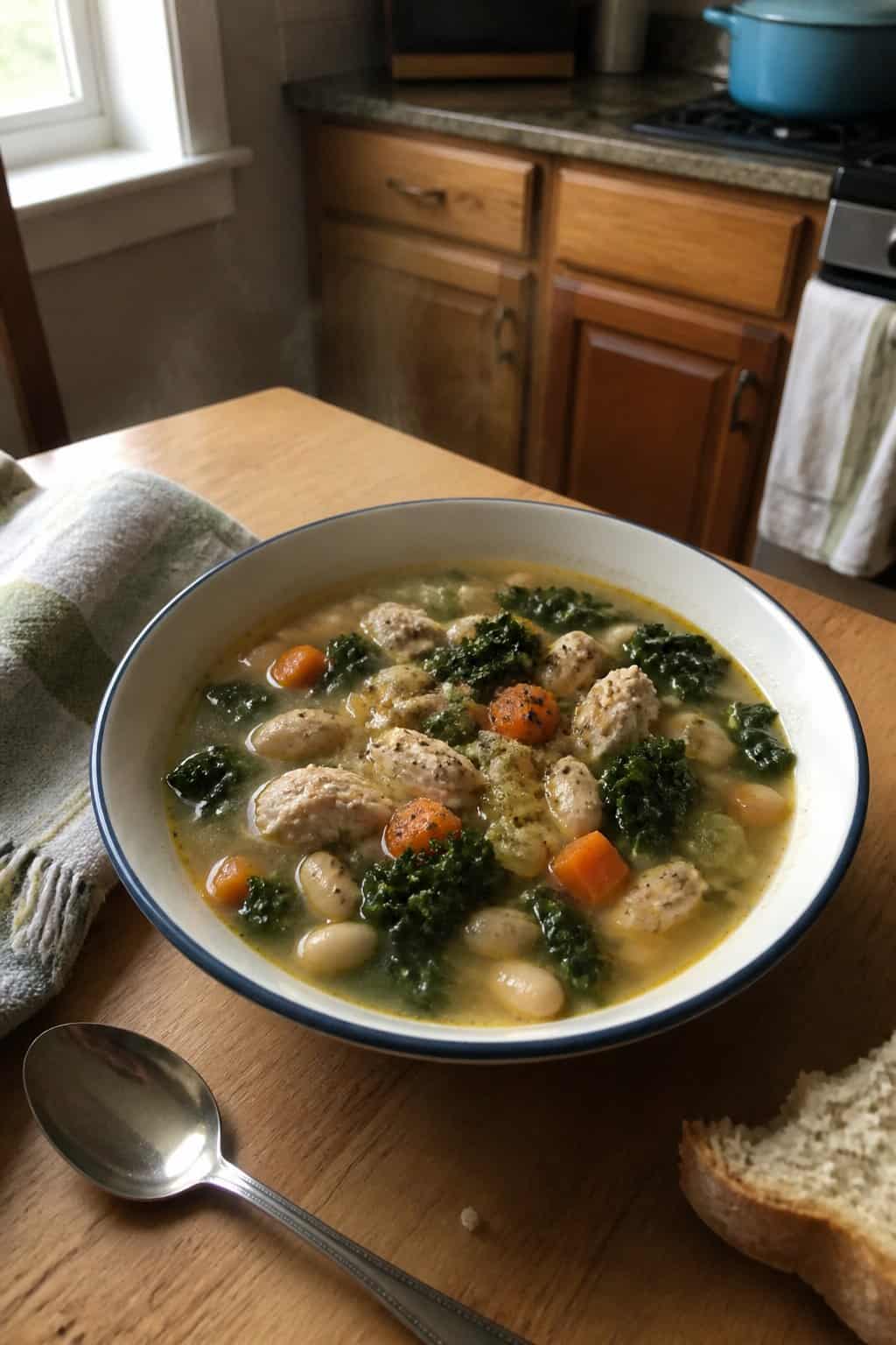 25 Turkey Soup Recipes That Make the Whole House Smell Amazing 13 A bowl of turkey and white bean kale soup sits on a kitchen table beside a spoon and a piece of bread.