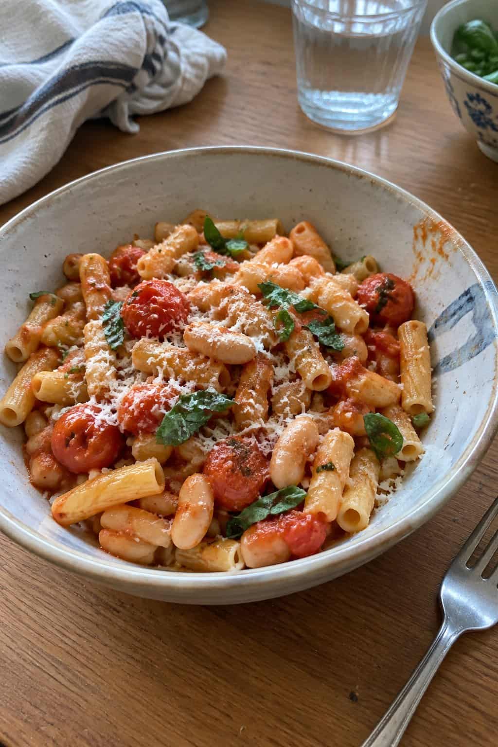 A bowl of tomato pasta with white beans, basil, and grated cheese.