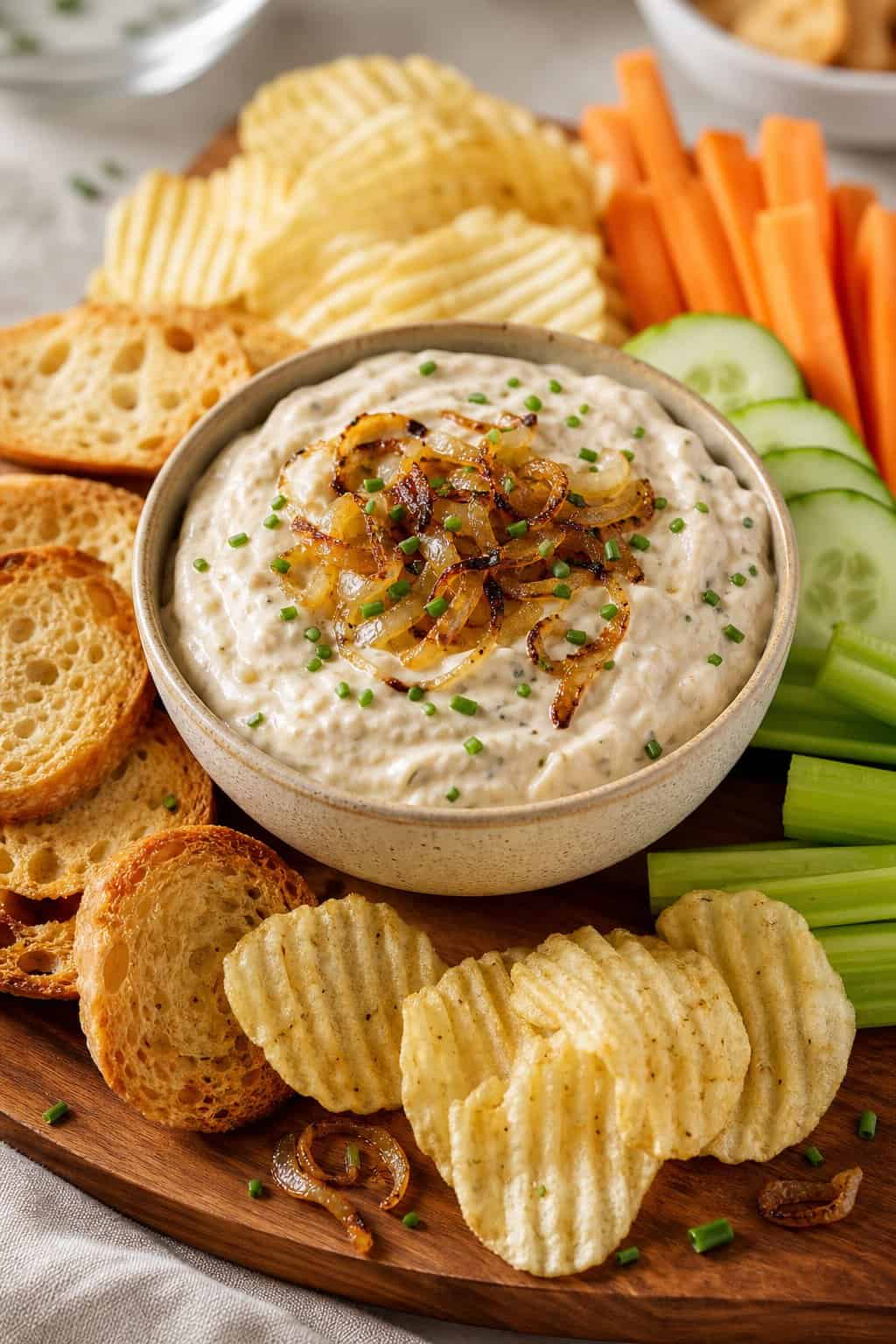 A bowl of vegan French onion dip surrounded by potato chips, toasted bread, and fresh vegetable sticks.