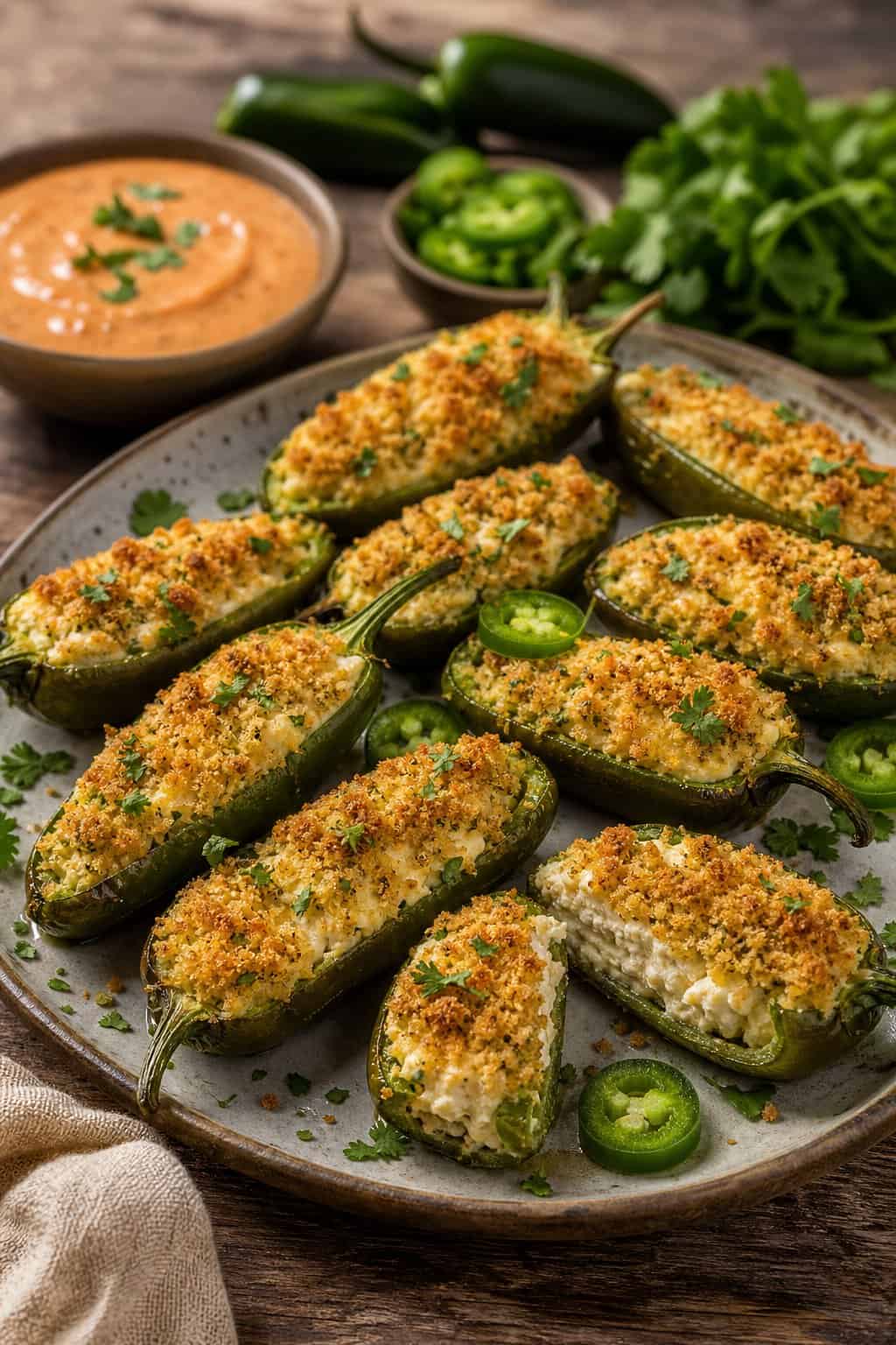 Vegan Appetizers That Disappear Fast at Parties 7 A platter of baked vegan jalapeño poppers with creamy filling and a dipping sauce.