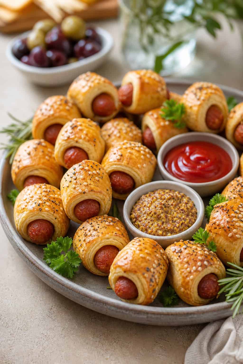 A platter of golden vegan pigs in a blanket with dipping sauces and fresh herb garnish.