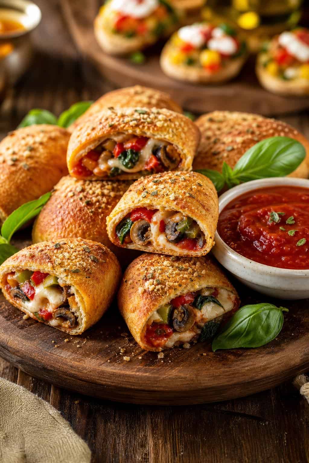 Golden-brown vegan pizza rolls served with marinara dipping sauce on a platter.