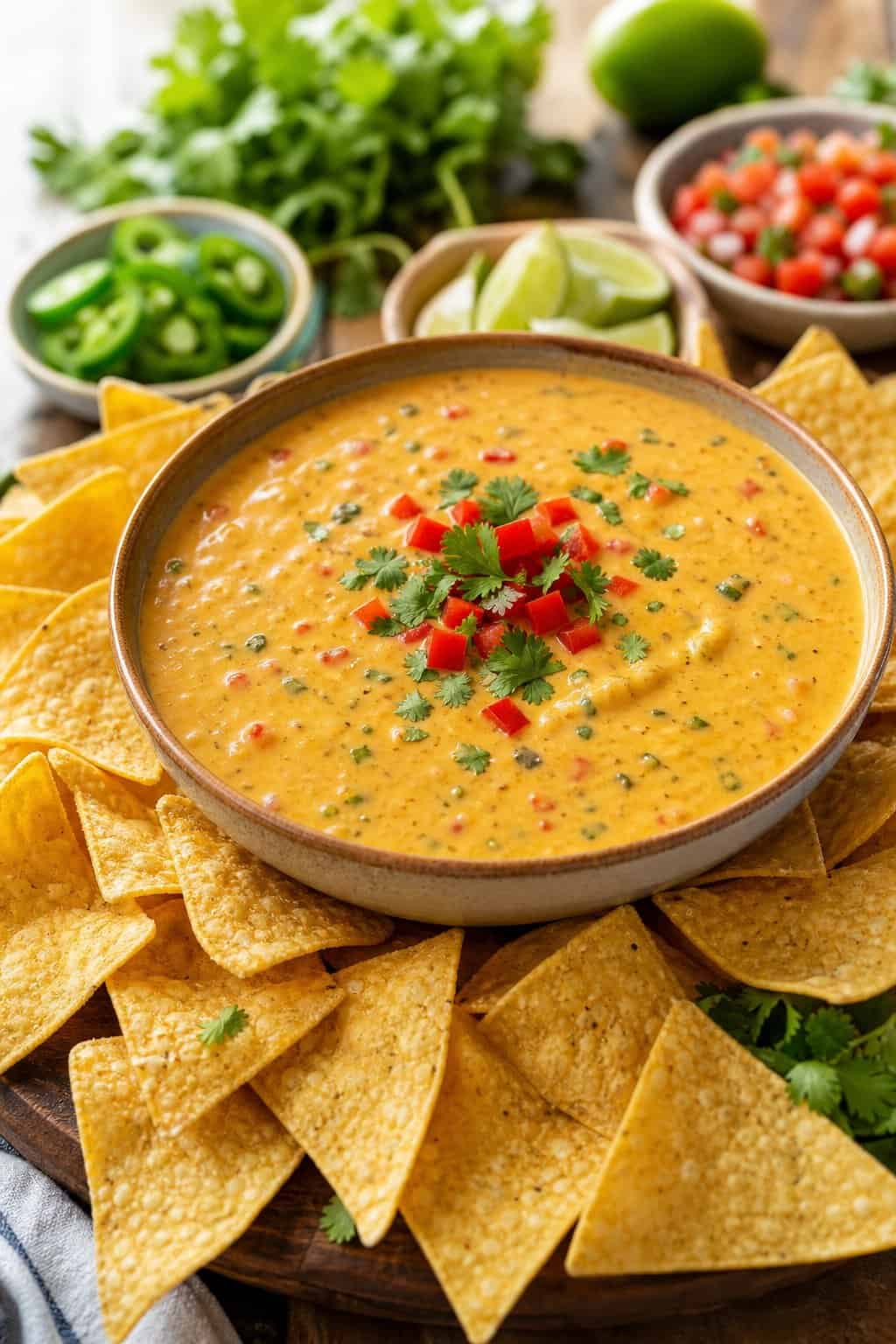 A bowl of creamy vegan queso dip surrounded by golden tortilla chips on a party table.