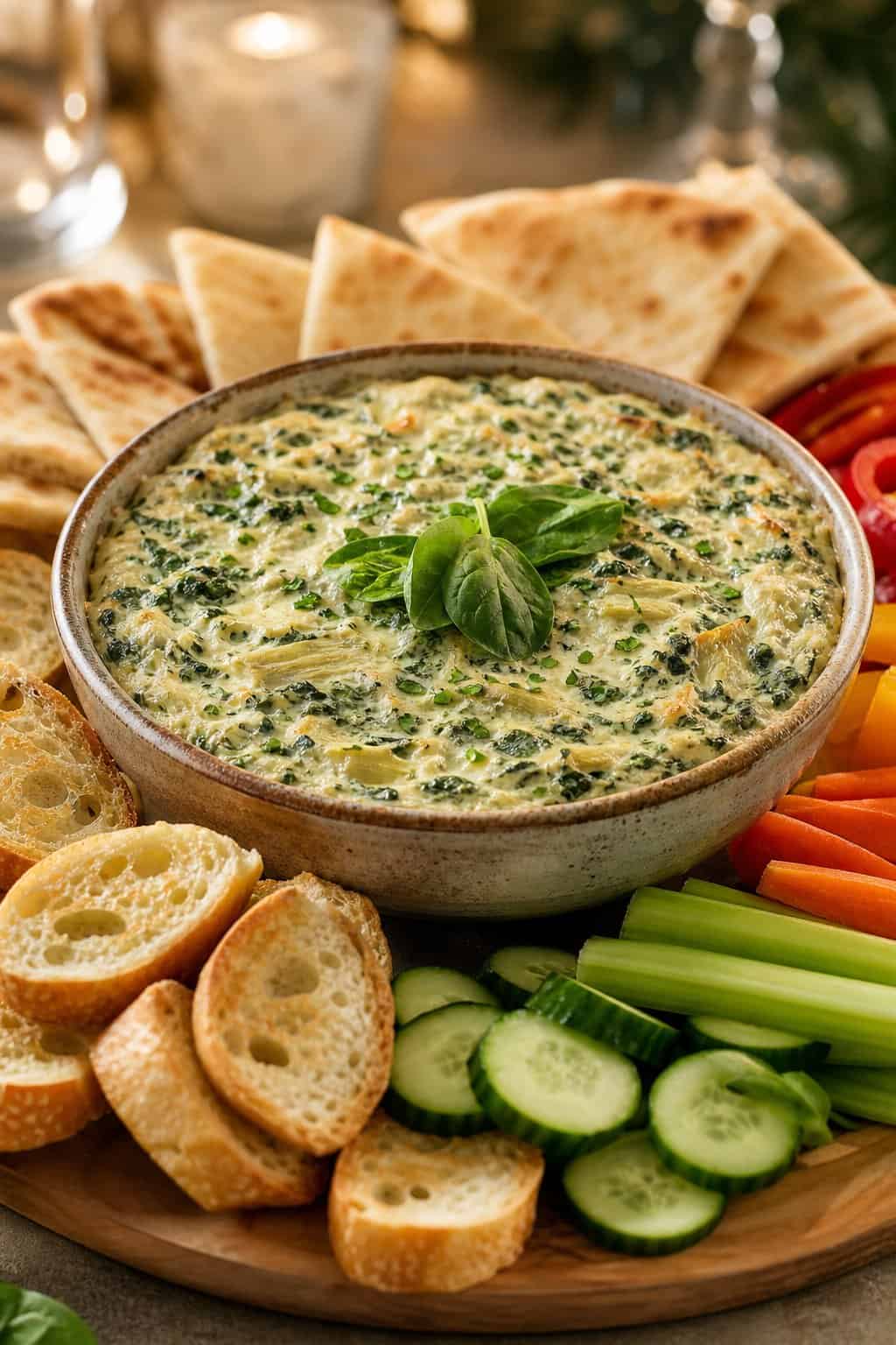A bowl of creamy spinach-artichoke dip surrounded by toasted bread, pita, and fresh vegetable sticks.