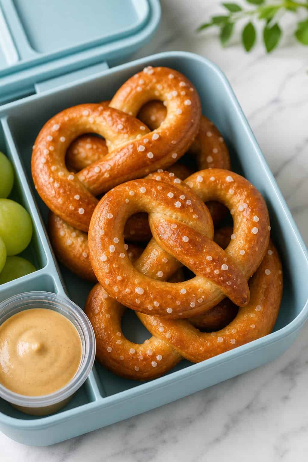 16 Easy Lunchbox Sides Kids Will Eat 13 Golden-brown pretzel twists arranged in a lunchbox compartment beside a small dipping sauce cup.