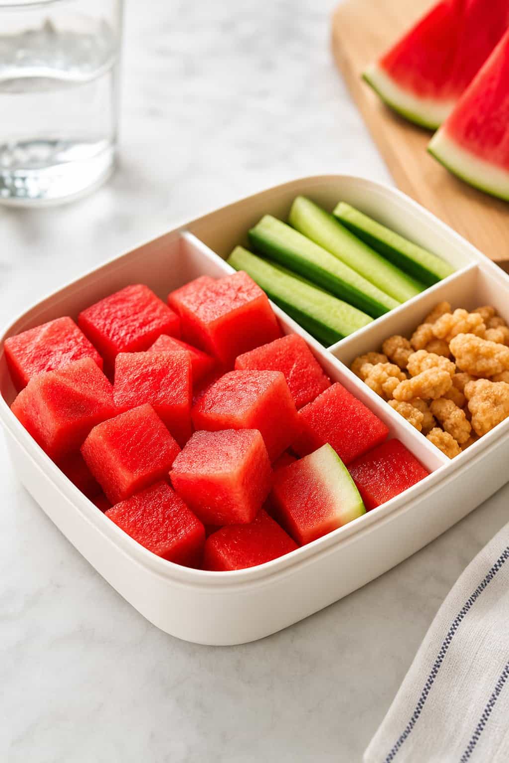 16 Easy Lunchbox Sides Kids Will Eat 8 A lunchbox compartment filled with fresh watermelon cubes.