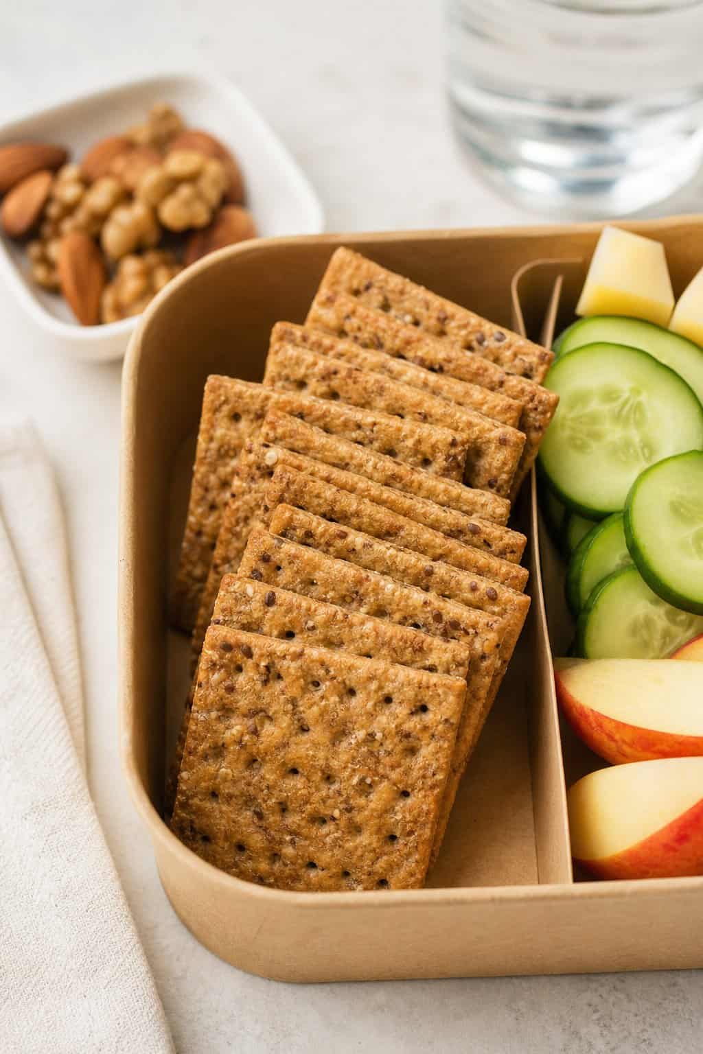 16 Easy Lunchbox Sides Kids Will Eat 12 A lunchbox compartment filled with whole-grain crackers alongside fresh snack items.