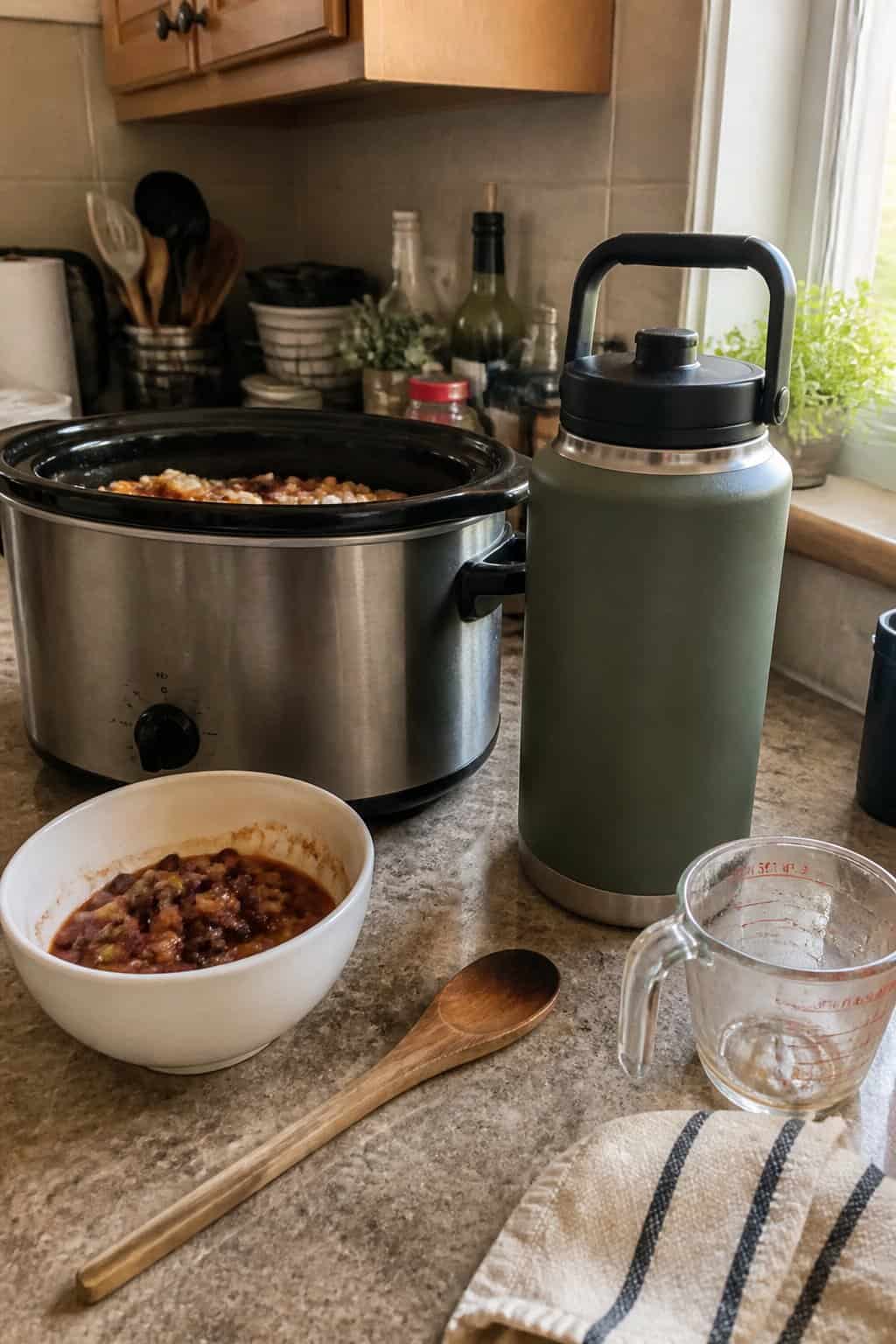 A YETI insulated jug sits beside a slow cooker and simple meal-preparation items on a kitchen counter.