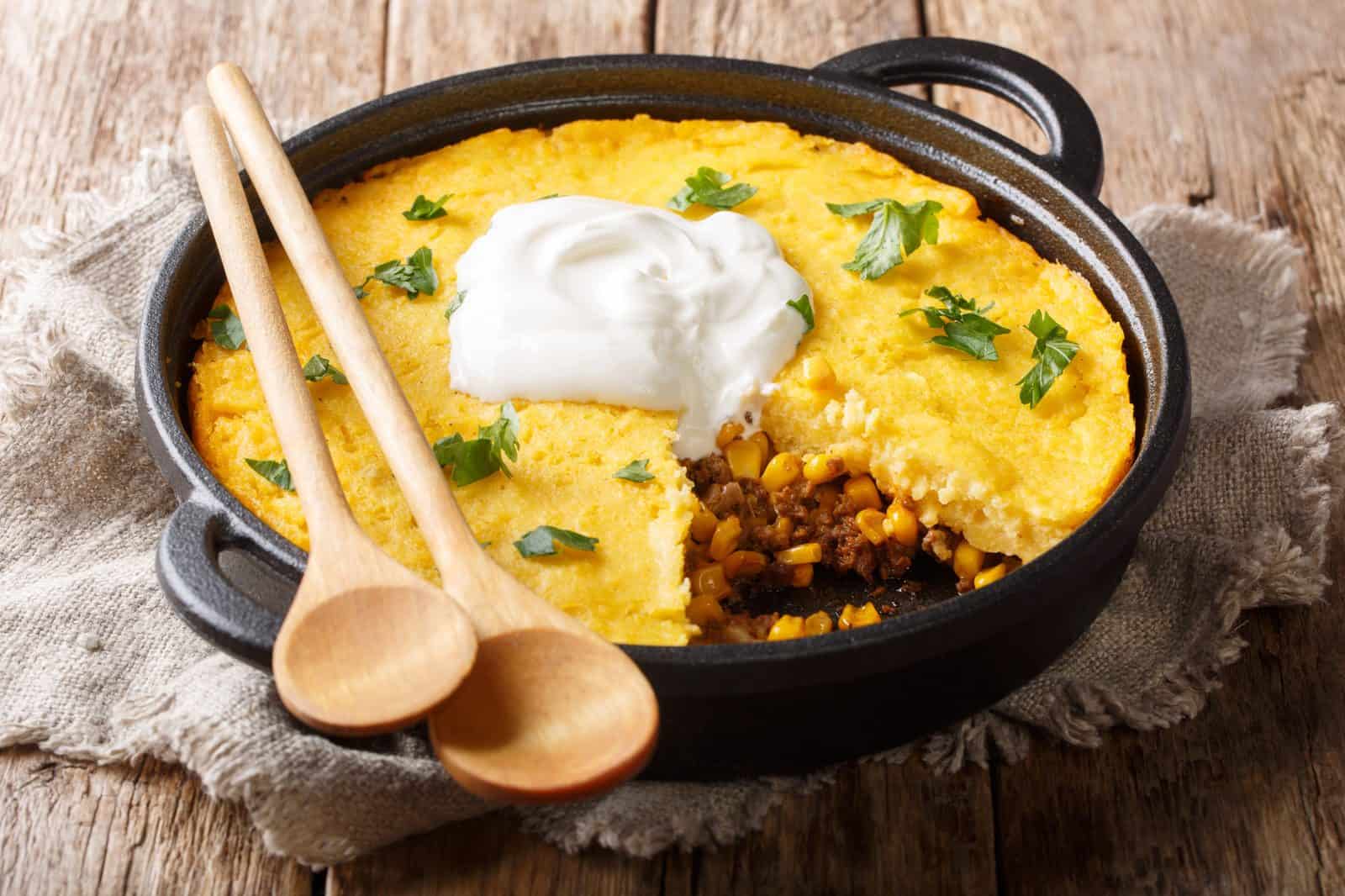 These 20 Easy Ground Beef and Rice Dishes Will Save Your Busy Weeknights 59 Beef and Rice Tamale Pie on a plate