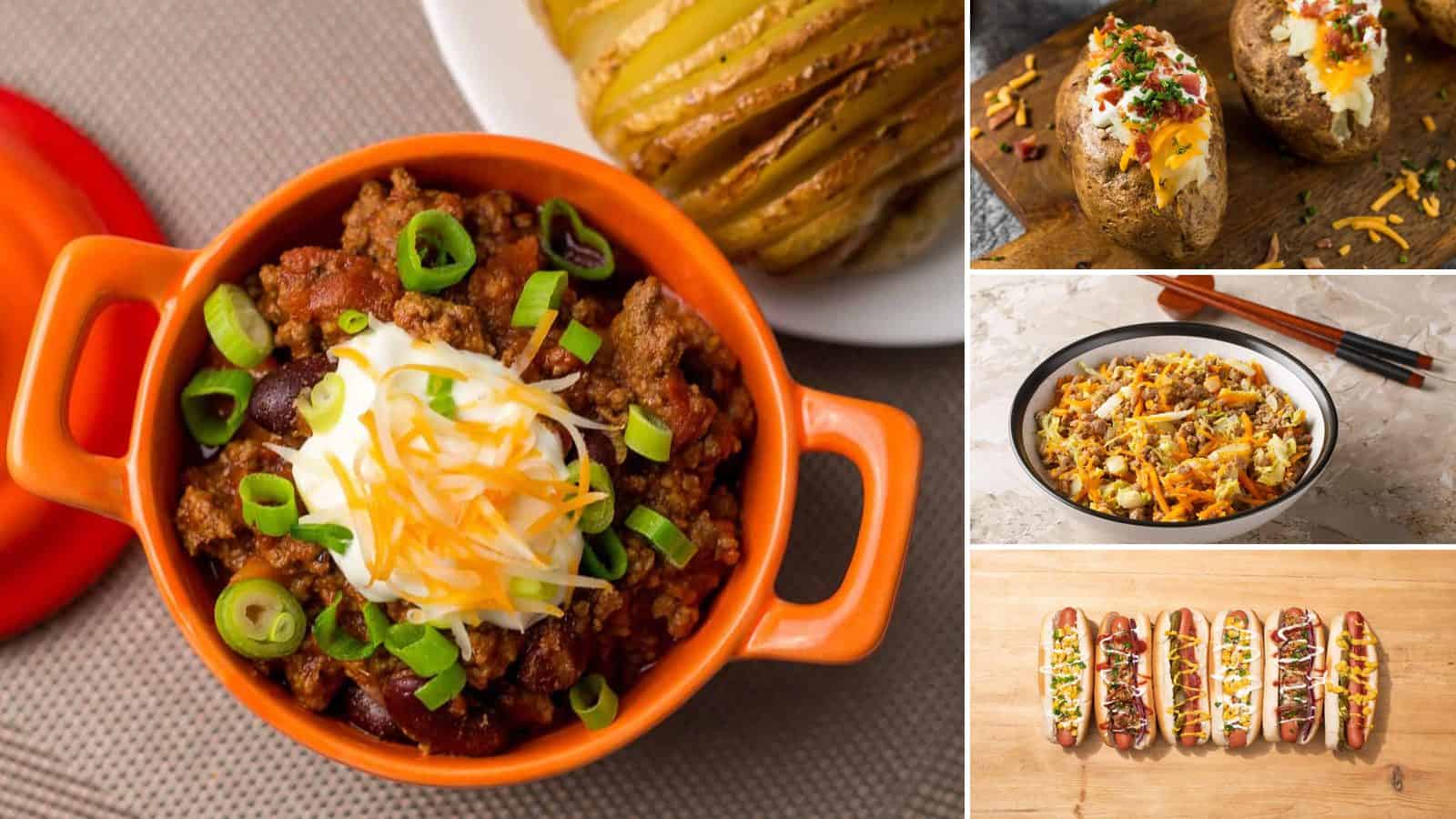 Collage of chili family dinner, baked potato bar family dinner, egg roll bowl family dinner and hot dog bar family dinner