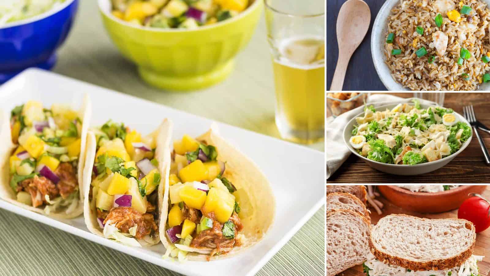 Collage of barbecue canned chicken taco, canned chicken and veggie fried rice, canned chicken caesar pasta salad and minute canned chicken salad sandwich