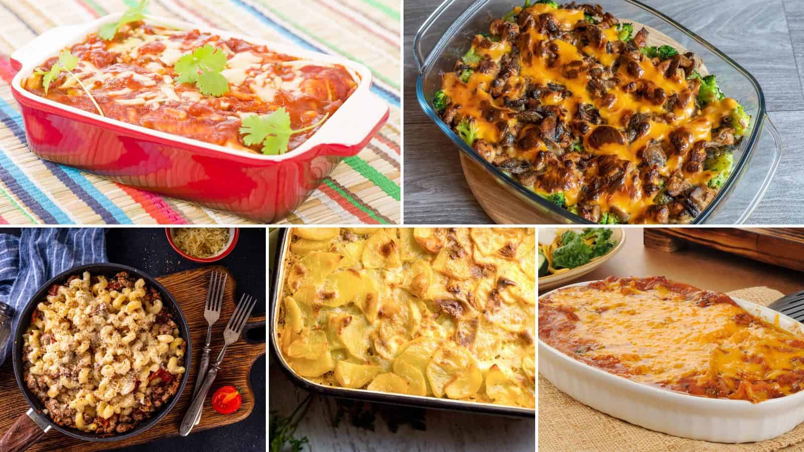Collage of king ranch chicken layer, broccoli chicken crunch, beefy mac cheese mash, hamburger potato delight and beef enchilada casserole