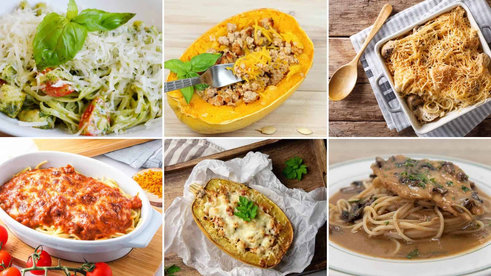 Collage of chicken pesto tossed, buffalo chicken spaghetti squash bake, chicken alfredo spaghetti squash casserole, chicken sausage and spaghetti squash ziti bake, chicken spinach and ricotta stuffed spaghetti squash and chicken mushroom and marsala sauce on spaghetti squash