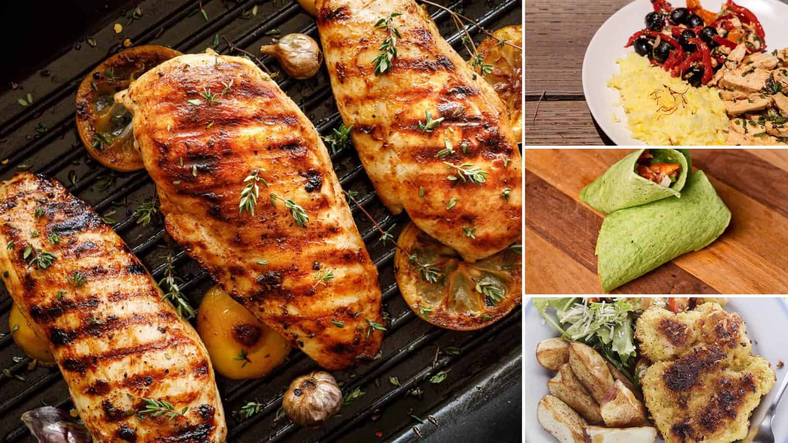 Collage of lemon garlic chicken breast, spanish chicken, buffalo chicken wrap and garlic parmesan crusted chicken